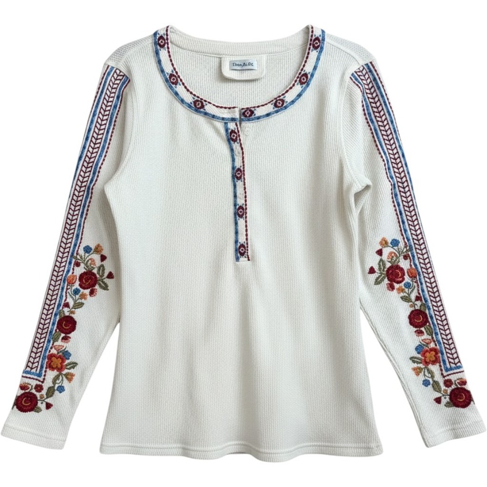 Time for Me Henley Top L White Embroidered Waffle Knit Thermal Boho Peasant